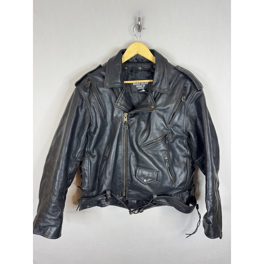 Road Gear Mens Black Leather Motorcycle Biker Jacket Belted Insulated Vintage 46